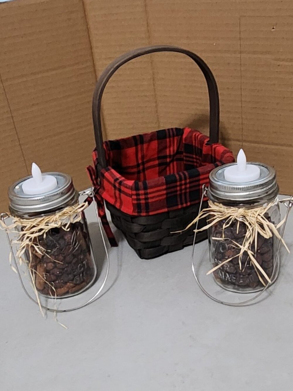 Country Decor, Basket With Jars And Battery Candle